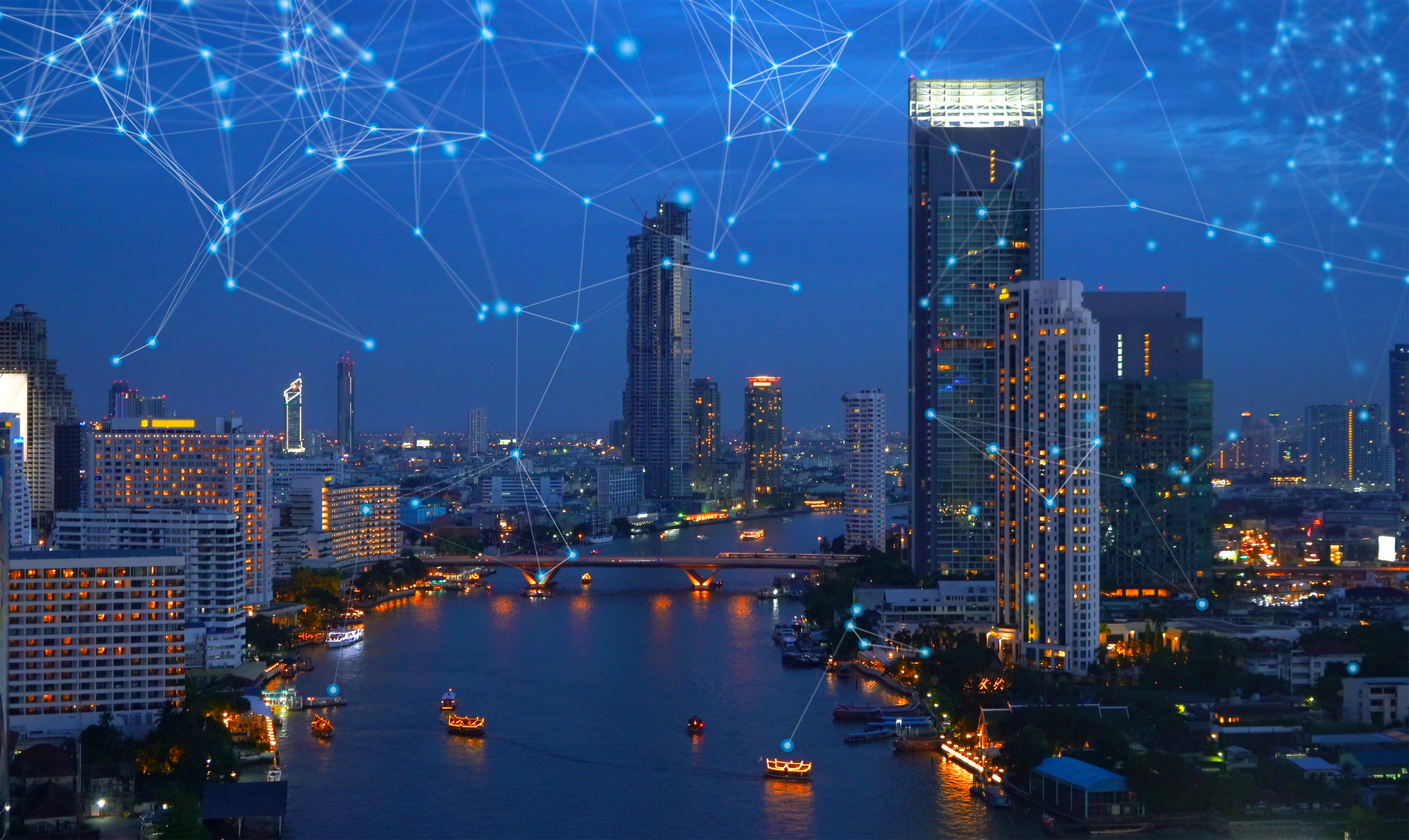 Bangkok skyline and Chao Phraya River at dusk with a digital connection overlay