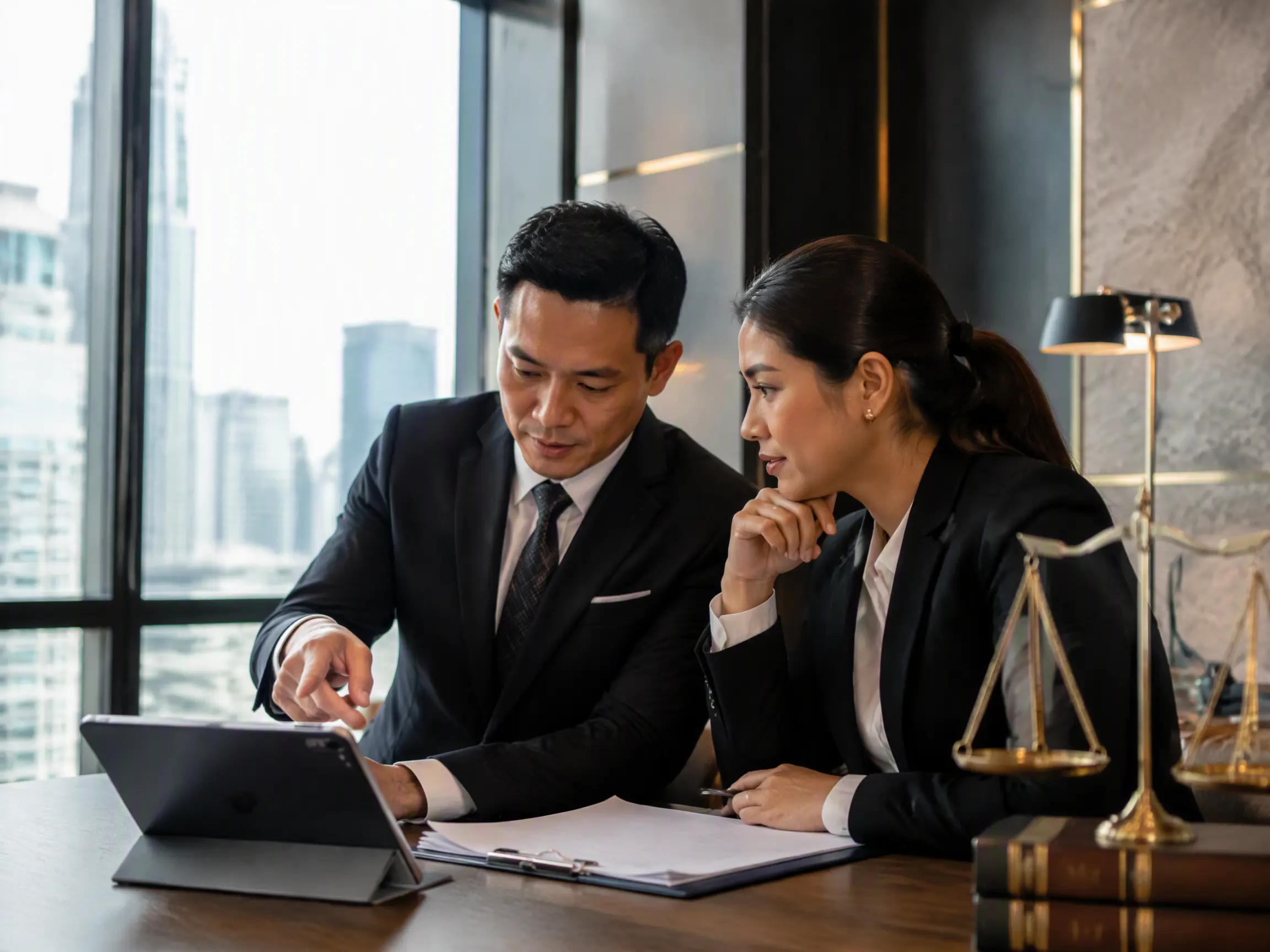 Legal professionals discussing a client matter in a meeting room